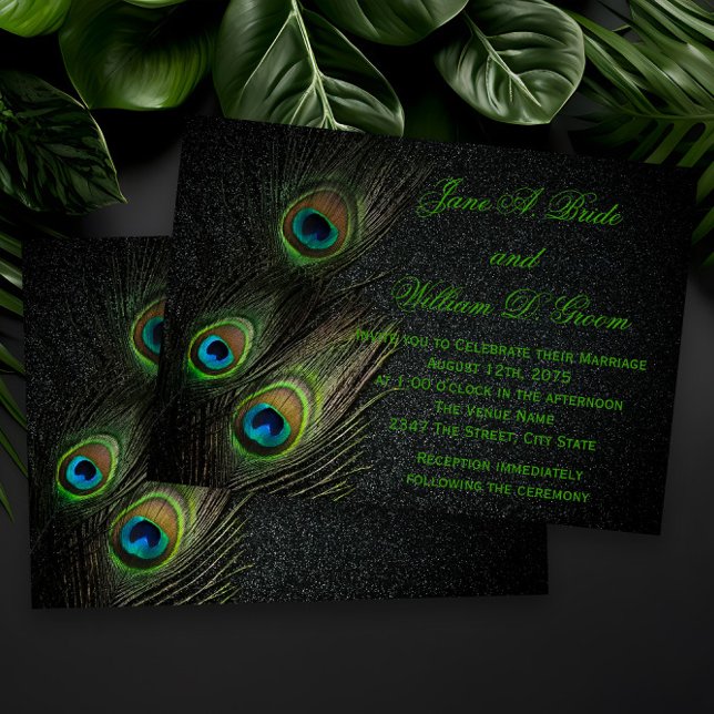 Elegant Black Green Gold Peacock Wedding Invitation (Elegant peacock wedding invitations with colorful peacock feathers on a dark background.)