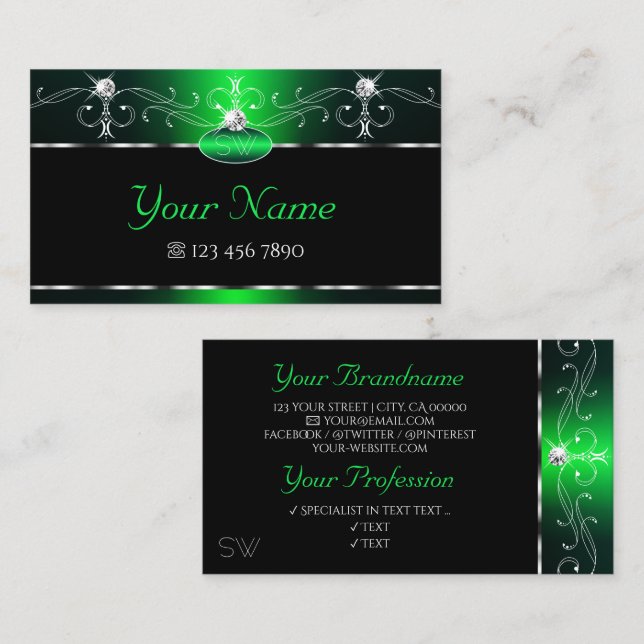 Elegant Black Green Ornate Sparkle Jewels Initials Business Card (Front/Back)