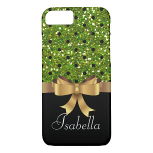 Elegant Black green polka dots gold bow monogram iPhone 8/7 Case