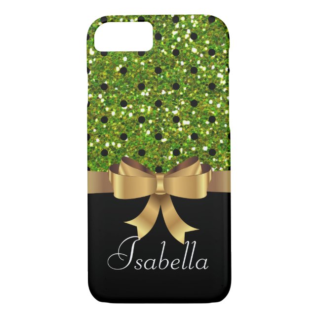 Elegant  Black green polka dots gold  bow monogram Case-Mate iPhone Case (Back)