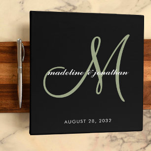 Elegant Black Green Script Monogram Wedding Album Binder