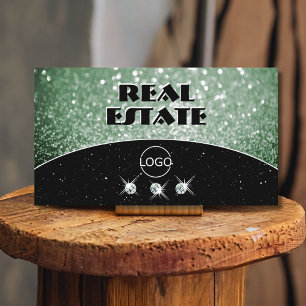 Elegant Black Green Sparkle Glitter Diamonds Logo Business Card