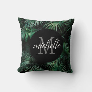 Elegant black green Tropical Palm Leaves Monogram Throw Pillow