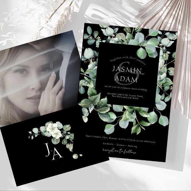 Elegant Black Greenery Eucalyptus Photo Wedding Invitation (Elegant Black Greenery Eucalyptus Photo Wedding Invitation)
