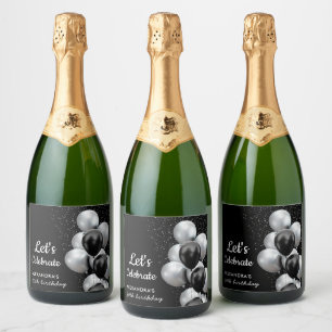 Elegant Black Grey Balloon Chic  Birthday Sparkling Wine Label