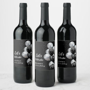 Elegant Black Grey Balloon Chic Birthday Wine Label