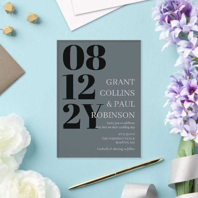 Elegant Black Grey Big Date Typography Wedding Acrylic Invitations (Insitu (Wedding))