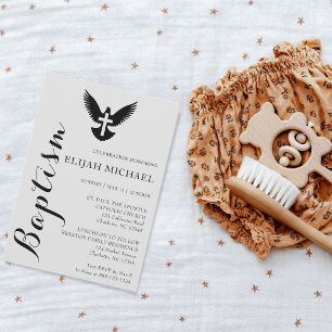 Élégant Black Grey Dove Cross Baptism Invitation