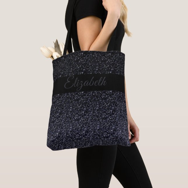 Elegant Black | Grey Glitter Girly Personalized Tote Bag (Close Up)