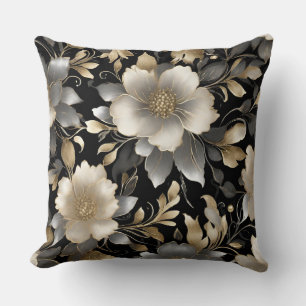 Elegant Black Grey Gold Cream Dark Floral Print Throw Pillow