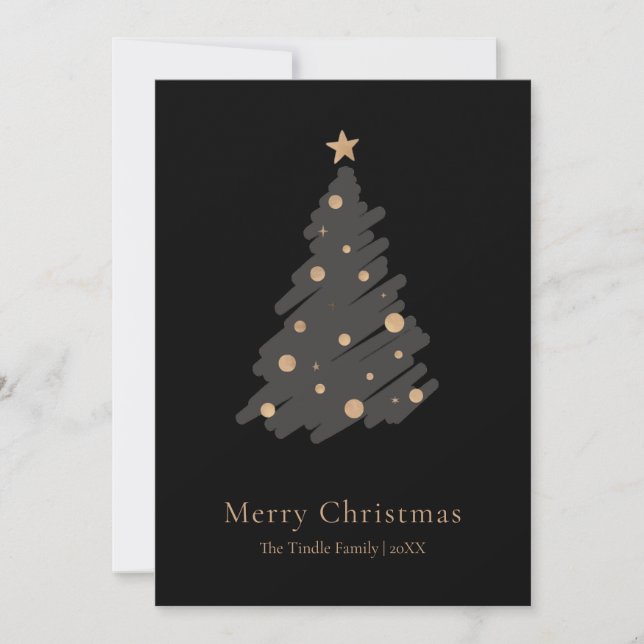 Elegant Black Grey Gold Script Christmas Tree Holiday Card (Front)