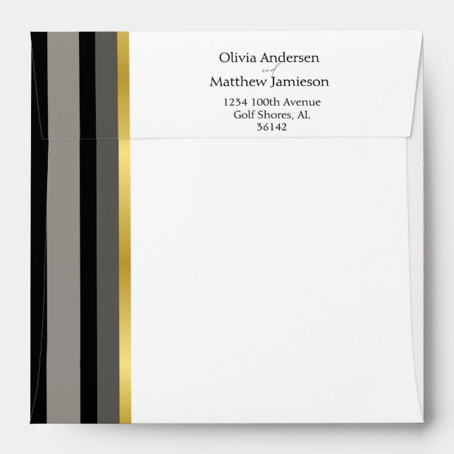 Elegant Black Grey Gold Stripe Return Wedding Envelope (Back (Top Flap))