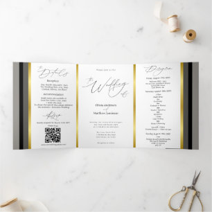 Elegant Black Grey Gold Stripe Typography Wedding  Tri-Fold Card