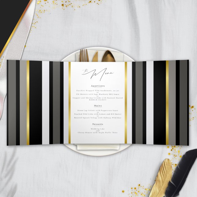 Elegant Black Grey Gold Stripe Wedding Folded Menu (Creator Uploaded)