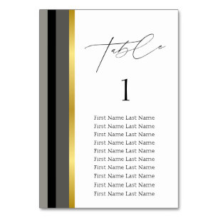 Elegant Black Grey Gold Stripe Wedding Guest List Table Number