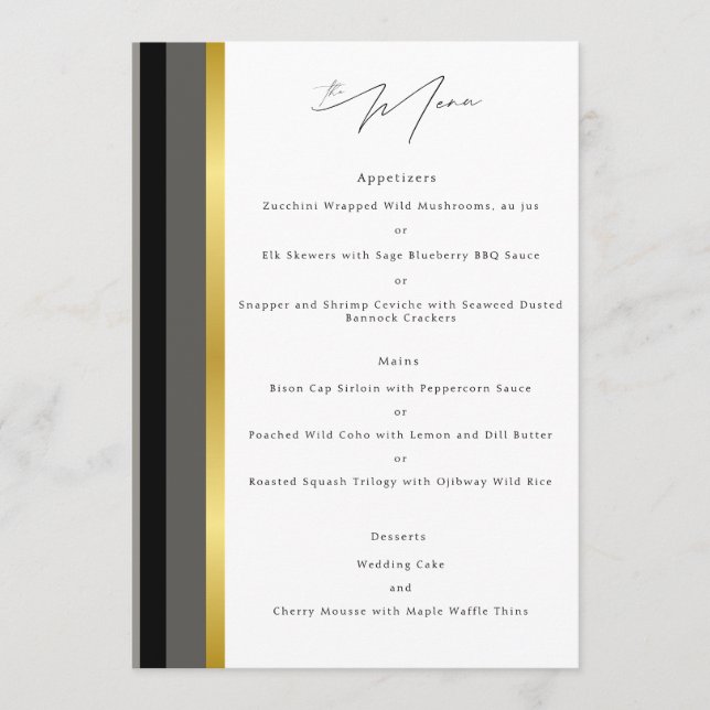 Elegant Black Grey Gold Stripe Wedding Reception Menu (Front)