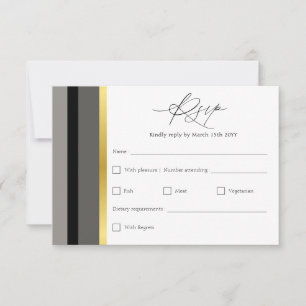 Elegant Black Grey Gold Stripe Wedding RSVP Card