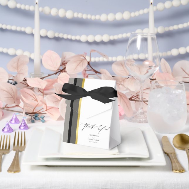 Elegant Black Grey Gold Stripes Typography Wedding Favor Box (Wedding)