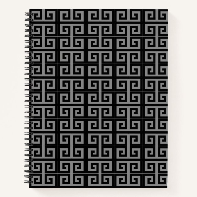 Elegant Black & Grey Greek Pattern Notebook (Front)