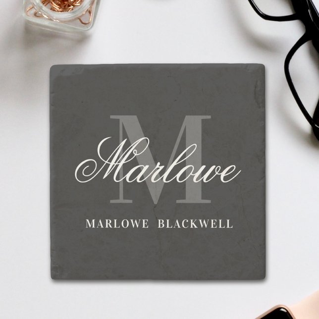 Elegant Black Grey Monogram Calligraphy Stone Coaster (Creator Uploaded)