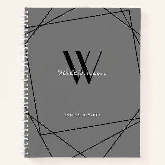 Elegant Black Grey Monogram Name Family Recipe Notebook (Front)