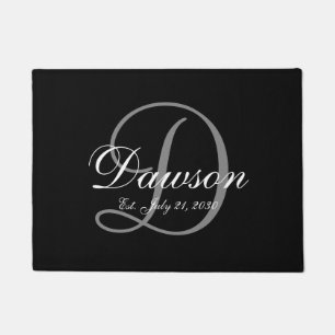 Elegant Black Grey Monogram Name Newlyweds Wedding Doormat