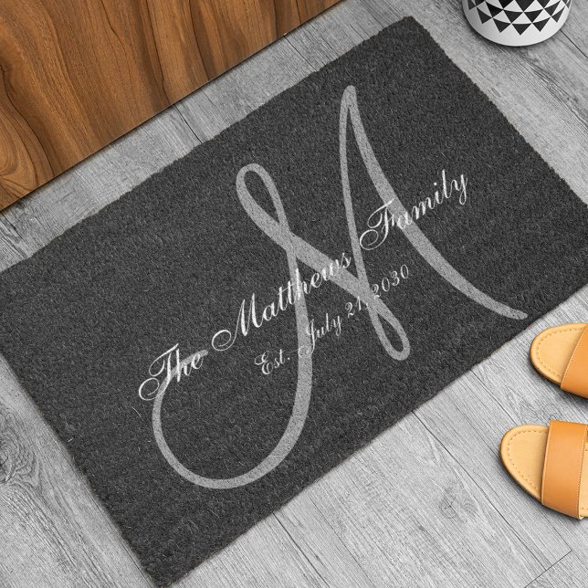 Elegant Black Grey Monogram Name Newlyweds Wedding Doormat (Creator Uploaded)