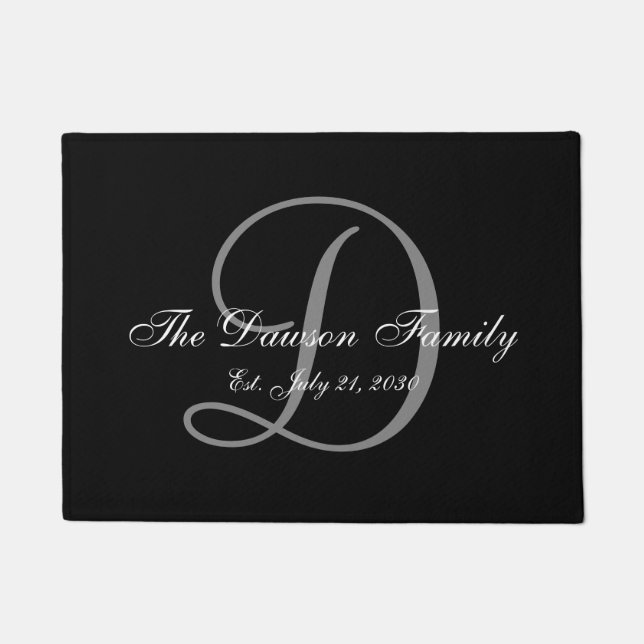 Elegant Black Grey Monogram Name Newlyweds Wedding Doormat (Front)