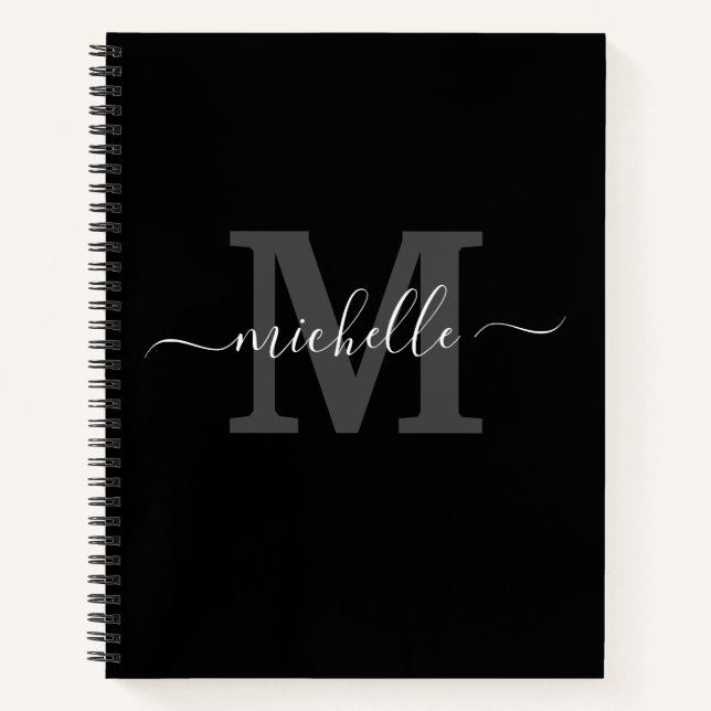 Elegant Black Grey Monogram Name  Notebook (Front)