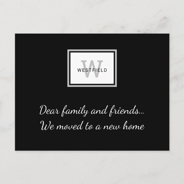 Elegant Black Grey Monogram New Home Moving Announcement Postcard (Front)
