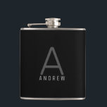 Elegant Black Grey Monogram Personalized Hip Flask<br><div class="desc">Modern elegant and understated masculine monogram initial and custom name on a personalized flask in a classic minimal,  professional-looking sans-serif font for a simple and professional and modern look.</div>