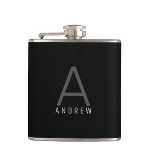 Elegant Black Grey Monogram Personalized Hip Flask