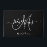 Elegant Black Grey Monogram Script Family Name Doormat<br><div class="desc">Personalized black and white and grey monogram design with bride and groom last name and wedding date on a black background. Makes a unique and great gift for newlyweds starting a new family. Great for new house together. Customize with your name, monogram initial and wedding date and colours. Elke Clarke©...</div>