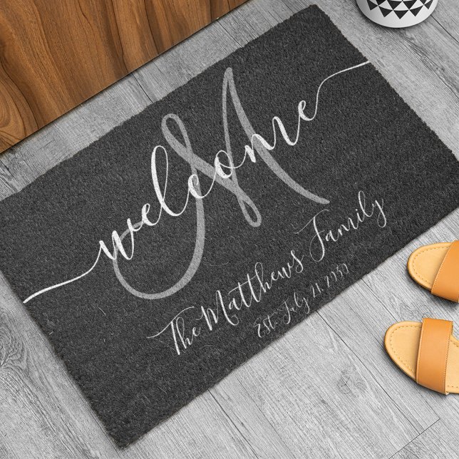 Elegant Black Grey Monogram Script Name Wedding Doormat (Creator Uploaded)