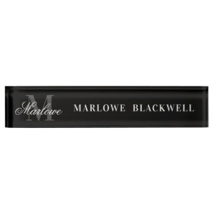 Elegant Black Grey Monogram Script Nameplate