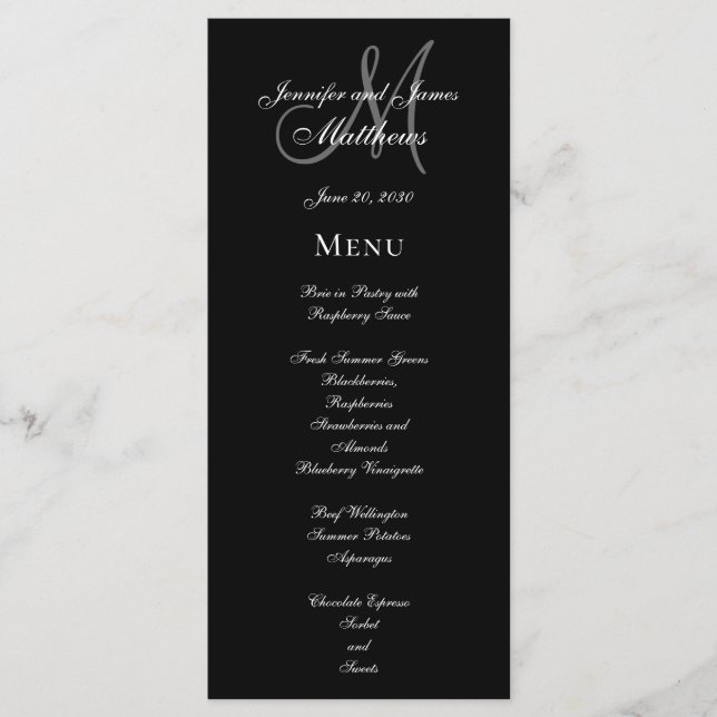 Elegant Black Grey Monogram Script Wedding Menu (Front)