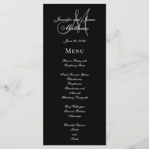 Elegant Black Grey Monogram Script Wedding Menu