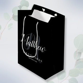 Elegant Black & Grey Personalized Groomsman  Medium Gift Bag
