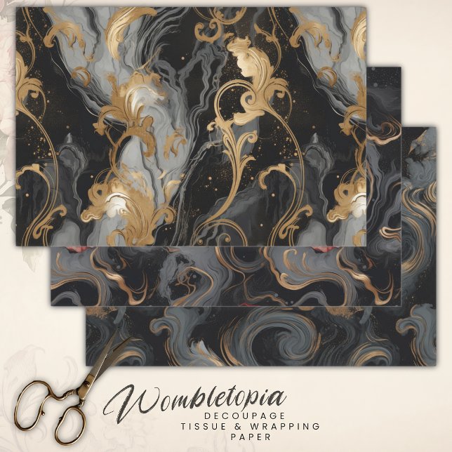 Elegant Black Grey  Red and Gold Marble Decoupage Wrapping Paper Sheet (Creator Uploaded)