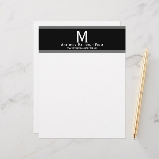 Elegant Black Grey Stripes Business Name Monogram Letterhead (Front/Back In Situ)