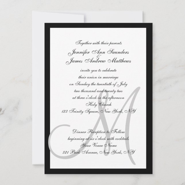 Elegant Black Grey Wedding Invitations Initial (Back)