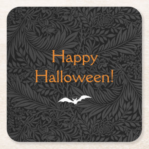 Elegant Black Halloween Floral Square Paper Coaster