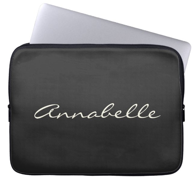Elegant Black Handwritten Script Name Custom Chic Laptop Sleeve (Front)