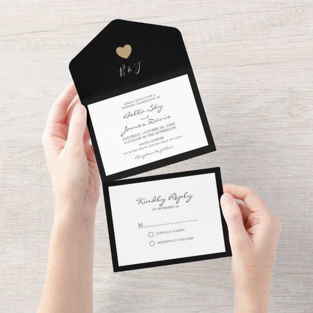 Elegant Black Heart All in One Wedding Invitation (Tearaway)