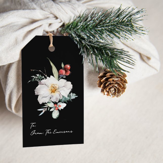 Elegant Black Holiday Gift Tags (Elegant Holiday Black Photo Merry Christmas Gift Tag Message Watercolor Berries Floral Boho Chic)