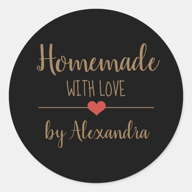 Elegant black homemade with love gold script  classic round sticker (Front)