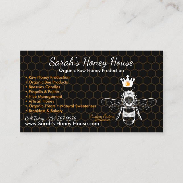 Elegant Black Honeycomb Professional Honey Bee Business Card (Front)