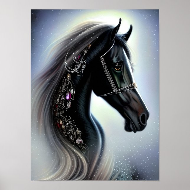 Elegant Black Horse Equine Fantasy Art Poster (Front)
