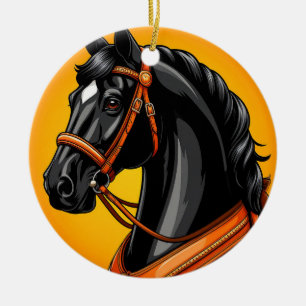Elegant Black Horse Portrait Ceramic Ornament
