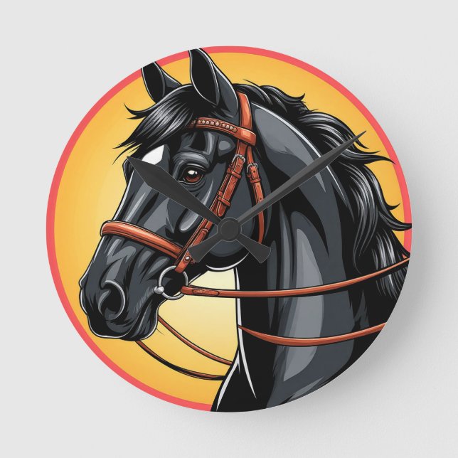 Elegant Black Horse Portrait Round Clock (Front)